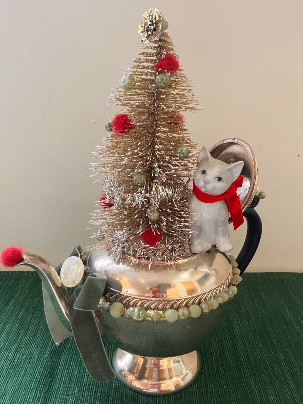 Vintage Christmas Cat in a Silver Teapot - Seasonal Tabletop Decor